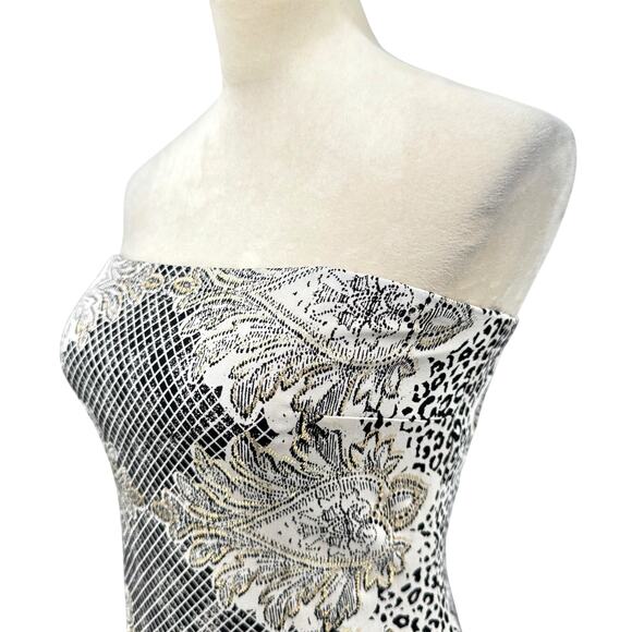 Nicole Miller Black & Cream Mixed Print Silk Blend Strapless Maxi Cocktail Dress - Picture 5 of 14